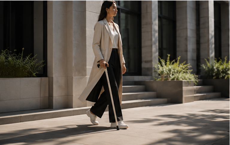 A woman walking confidently through a city street with Poise I in Ivory